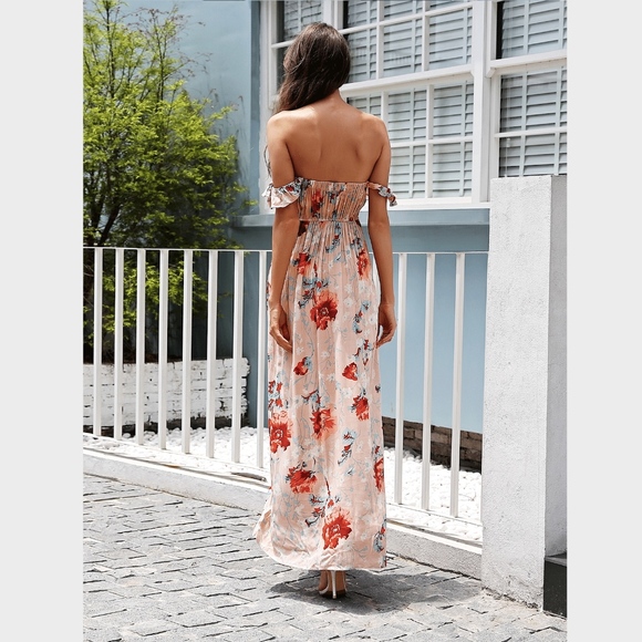 Boho Floral Off Shoulder Maxi High Slit Dress - Picture 4 of 7